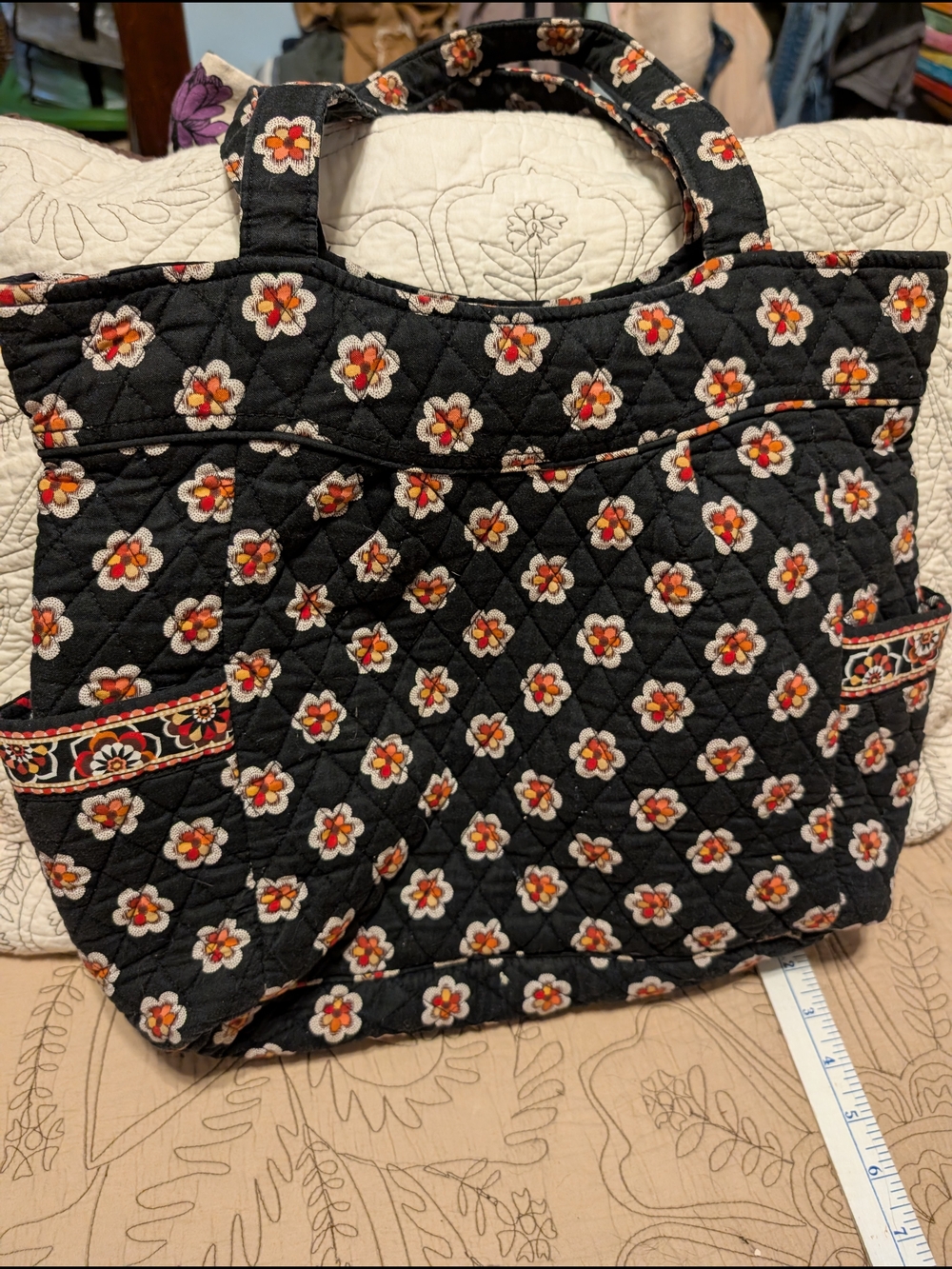Vera Bradley (Retired) Pirouette Tote Black With Red And Cream Flowers.